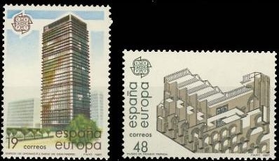 z vendido ESPAÑA 1987 2904/5 Sellos Nuevos Serie Europa Arte Moderno Arquitectura Edif. Banco Bilbao Centro Azca Madrid y Museo Nacional de Arte Romano de Mérida Badajoz Espana Spain Espagne Spagna Spanje Spanien 