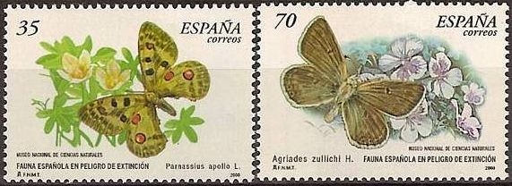 z vendido España 2000 3694/5 Sellos ** Fauna Española en Peligro de Extincion Mariposa Parnassius Apollo y Agriades Zullichi H. Timbre Espagne