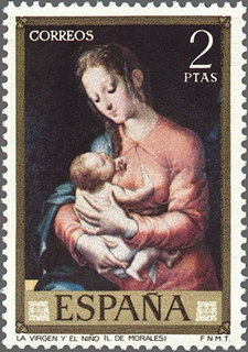 z vendido ESPAÑA 1970 1966 Sello Nuevo Dia del Sello Pintor Luis de Morales El Divino La Virgen y el niño Espana Spain Espagne Spagna Spanje Spanien 