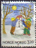 NORUEGA 1990 Scott 0986 Sello Navidad Christmas Dibujos de niños usado Norway Norvège Norge 