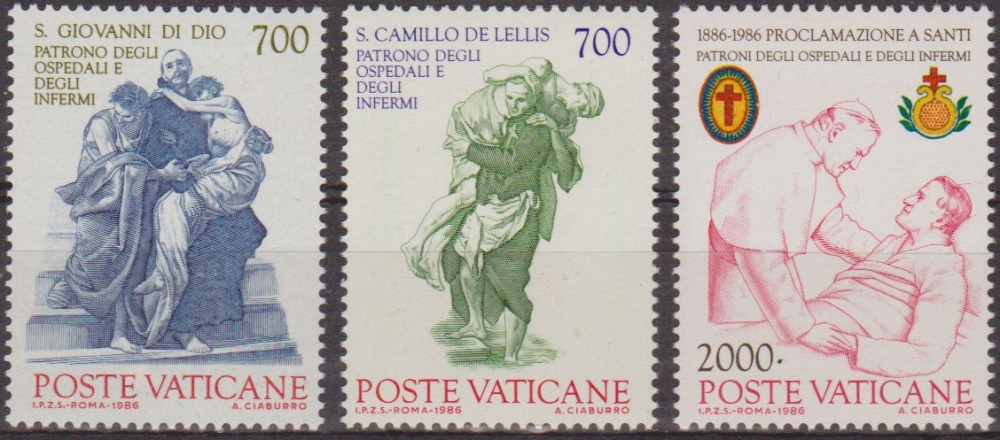 VATICANO 1986 774/6 Sellos Nuevos Santos Patronos de los Enfermos MNH San Juan de Dios, San Camillo de Lellis y Juan Pablo II Visitando Enfermos 
