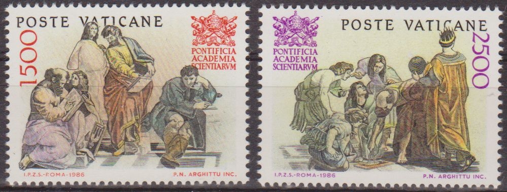 VATICANO 1986 777/8 Sellos Nuevos Academia de las Ciencias Pontificia MNH Escuela de Atenas de Raphael y Estudiantes Aprendiendo Matematicas 