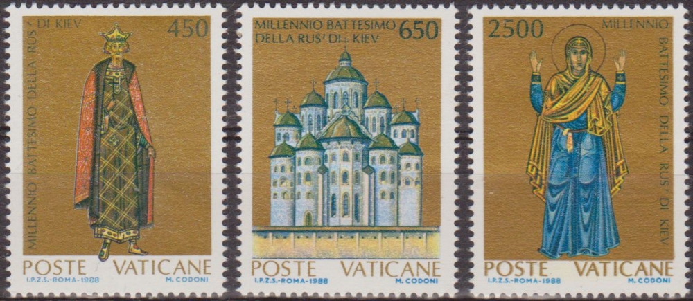 VATICANO 1988 813/5 Sellos Nuevos Bautismo de La Rus de Kiev MNH Principe Vladimir el Grande, Catedral de Sofia de Kiev y Madre de Dios Rezando 