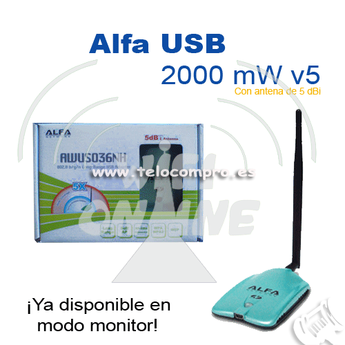Tarjeta Wifi Alfa Network Usb AWUS036NH 2000mW + antena 5dbi 