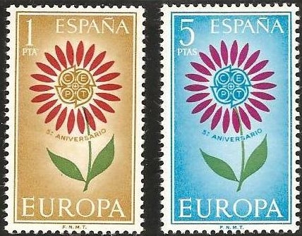 España 1964 1613/14 Sellos ** Europa (V serie) Flor con las letras CEPT en el centro Timbres Espagne Spain Spagna Espana Spanje Spanien Scott:1262/3 Yvert:1271/2 Michel:1501/2  