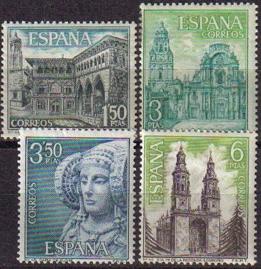 z vendido España 1969 1935/8 Sellos ** Turistica Completa Ayuntamiento Alcañiz (Teruel) Catedral de Murcia - La Dama de Elche (Alicante) y Eglise de Sta. Mª la Redonda (Logroño) Timbre Espagne Spain Spagna Espana Spanje Spanien 
