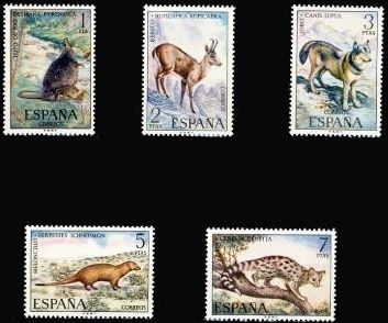 z vendido España 1972 2102/6 Sellos * Fauna Hispanica Completa Topo de Agua, Rebeco, Lobo, Meloncillo y Gineta Timbre Espagne Spain Spagna Espana Spanje Spanien 
