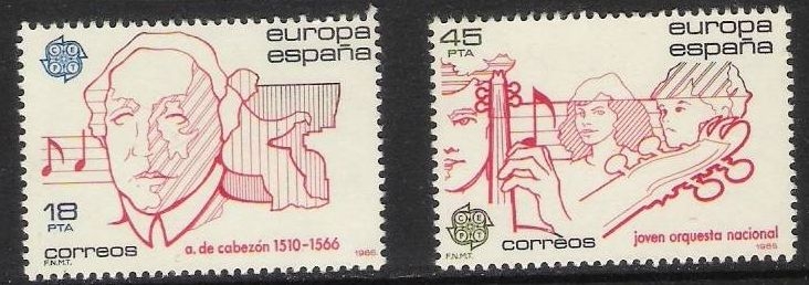 z vendido España 1985 2788/9 Sellos ** Europa CEPT Musica Antonio de Cabezon y Joven Orquesta Nacional Timbre Espana Spain Espagne SpagnaYvert2671/2 Scott2406/7 