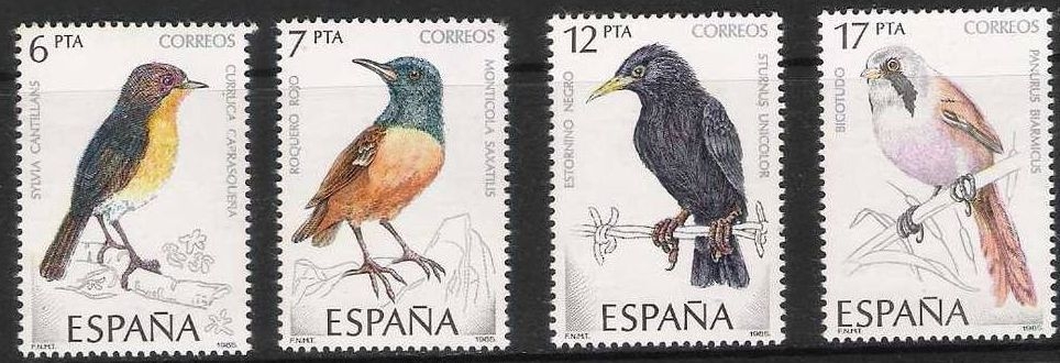 z vendido España 1985 2820/3 Sellos ** Pajaros Curruca Carrasqueña, Roquero Rojo, Estornino Negro y Bigotudo Timbre Espagne Spain Spagna
