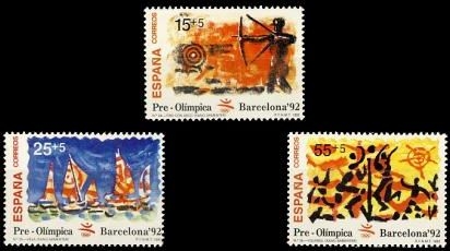z vendido España 1992 3157/9 Sellos ** Barcelona'92 VIII Serie Pre-Olímpica Tiro con Arco Vela y Voleibol Timbre Espagne Spain Spagna