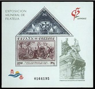 z vendido España 1992 3195 HB Sellos ** Exposición Mundial de Filatelia GRANADA'92 Carabelas Pinta, Niña y Nao Santa Maria. Llegada de Colón a isla Guanahani MichelB44 Timbre Espagne Spain Spagna