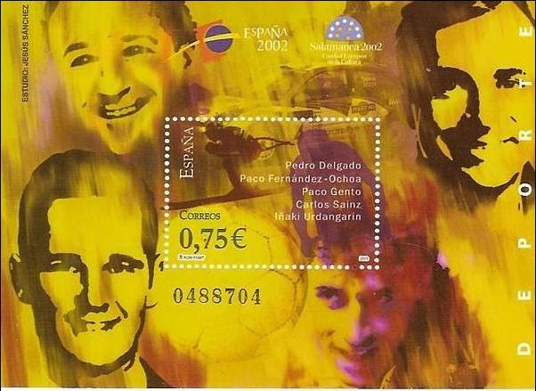 z vendido España 2002 3948 HB Sello ** Deportes Pedro Delgado, Paco Fernández Ochoa, Paco Gento, Carlos Sainz y Iñaki Urdangarin Timbre Espagne Spain Spagna