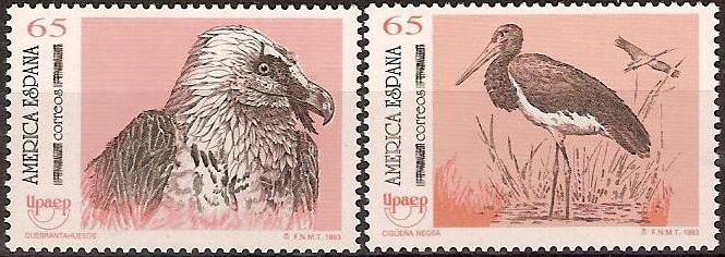 z vendido España 1993 3270/1 Sellos ** América-UPAEP Aves en peligro de extinción Cigüeña negra y Quebrantahuesos Timbre Espagne