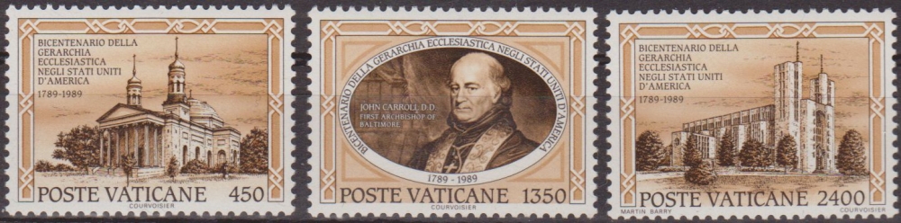 Vaticano 1989 Scott 842/4 Sellos ** Jerarquia Eclesiastica de EEUU Basilica de la Asuncion, Obispo John Carroll y Catedral de Maria Nuestra Reina Baltimore Vatican 