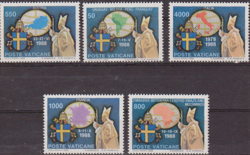 Vaticano 1989 Scott 845/9 Sellos ** Viajes Papales Austria, Uruguay, Bolivia, Peru, Paraguay, Italia, Francia y Zimbabwe, Botswana, Lesotho, Swaziland, Mozambique Vatican 