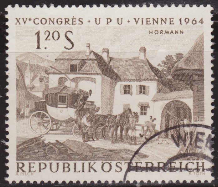Austria 1964 Scott 730 Sello º Chevaux Changement à la station de relais de Julius Hormann 1,50S Timbre Autriche Osterreich