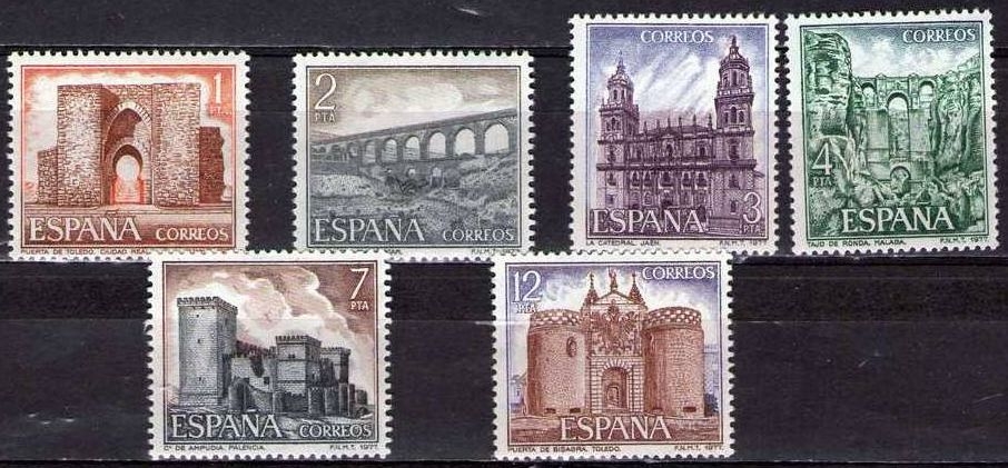España 1977 2417/22 Sellos ** Turistica Completa Puerta Toledo Ciudad Real, Acueducto Almuñecar, Catedral Jaen, Tajo Ronda, Castillo Ampudia y Puerta Bisagra Toledo Timbres Espagne Espana stamps Spain