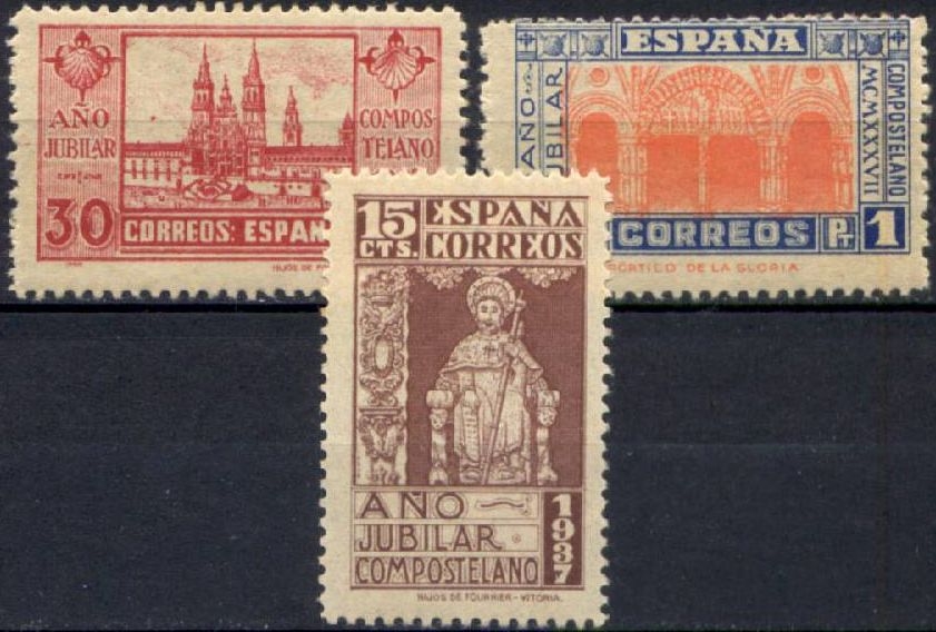 z vendido España 1937 833/5 Sellos ** Año Jubilar Compostelano Apostol, Catedral Compostela y Portico Gloria Timbres Espagne Espana stamps Spain