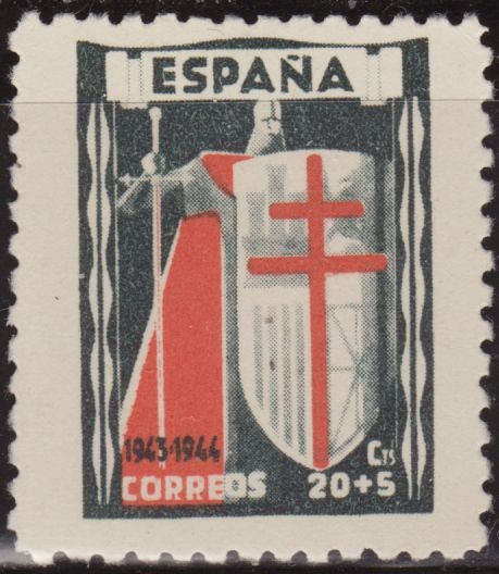 España 1943 Edifil 971 Sello * Pro Tuberculosos Cruz de Lorena en Rojo 20 + 5c Spain Stamps Timbre Espagne Briefmarke Spanien Francobolli Spagna