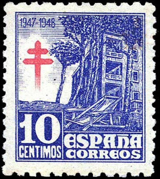 España 1947 Edifil 1018 Sello º Pro Tuberculosos Cruz de Lorena en Rojo 10c Spain Stamps Timbre Espagne Briefmarke Spanien Francobolli Spagna
