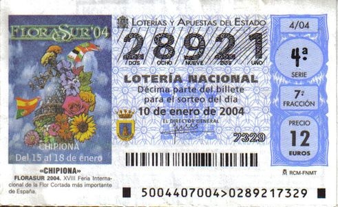 DECIMO LOTERIA 28921 (10/01/04) CHIPIONA FERIA FLORASUR 2004