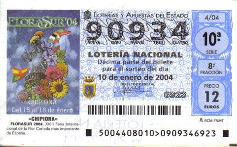 z vendido DECIMO LOTERIA 90934 (10/01/04) CHIPIONA FERIA FLORASUR 2004