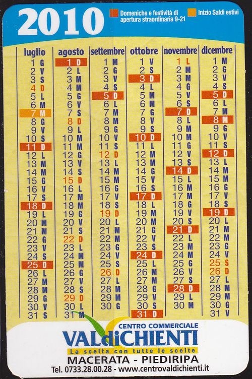Calendario Bolsillo Italiano Valdichienti  Macerata 2010 Pocket Calendar Kalender Calendrier Kalendar