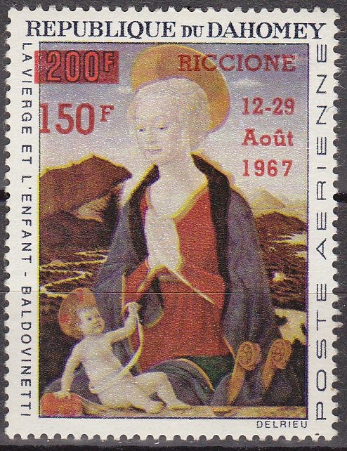 Dahomey 1967 Scott C60 Sello ** Surimprimées en Rojo Riccione Italia La Virgen y el Niño de Baldovinetti