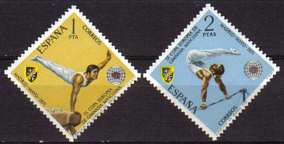 ESPAÑA 1971 2034/5 Sellos Nuevos IX Campeonato Europeo de Gimnasia Masculina Completa. Barra Fija y Caballo con aros Espana Spain Espagne Spagna Spanje Spanien 
